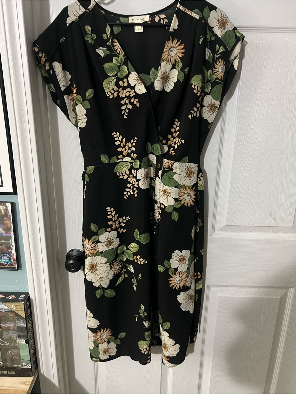 Monteau Black Midi Dress with Cream Floral & Green Leaves